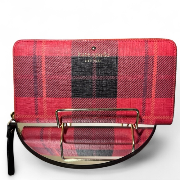 EC This is a Kate Spade New York Lacey Zip Around Wallet in a red plaid pattern - Picture 1 of 7